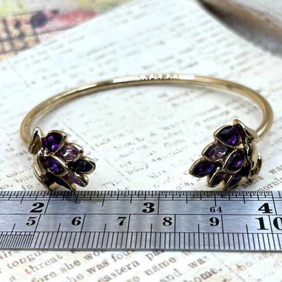 Designer Purple Lavender Crystal Rhinestone Lotus Flower Cuff Bracelet Gold Tone - Picture 14 of 14